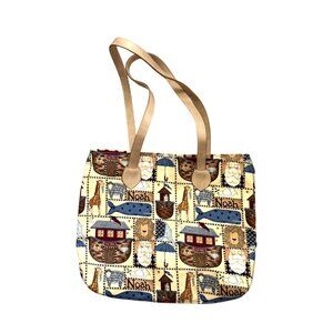 H. Ravi Women's Shopper Tote Bag Cream Noah's Ark Animals Leather Straps RARE